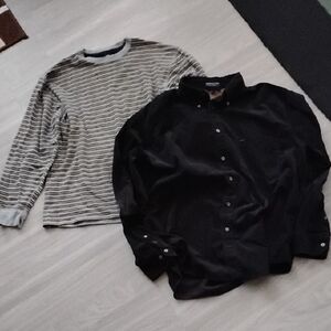 Izod Black Button-Up Shirt and Striped Long Sleeve Tee
